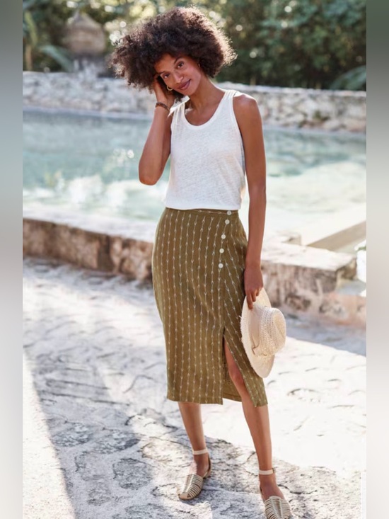 Garnet Hill Dresses & Skirts - Garnet Hill Kona Linen Skirt Olive Green Geometric Midi Front Split Size L